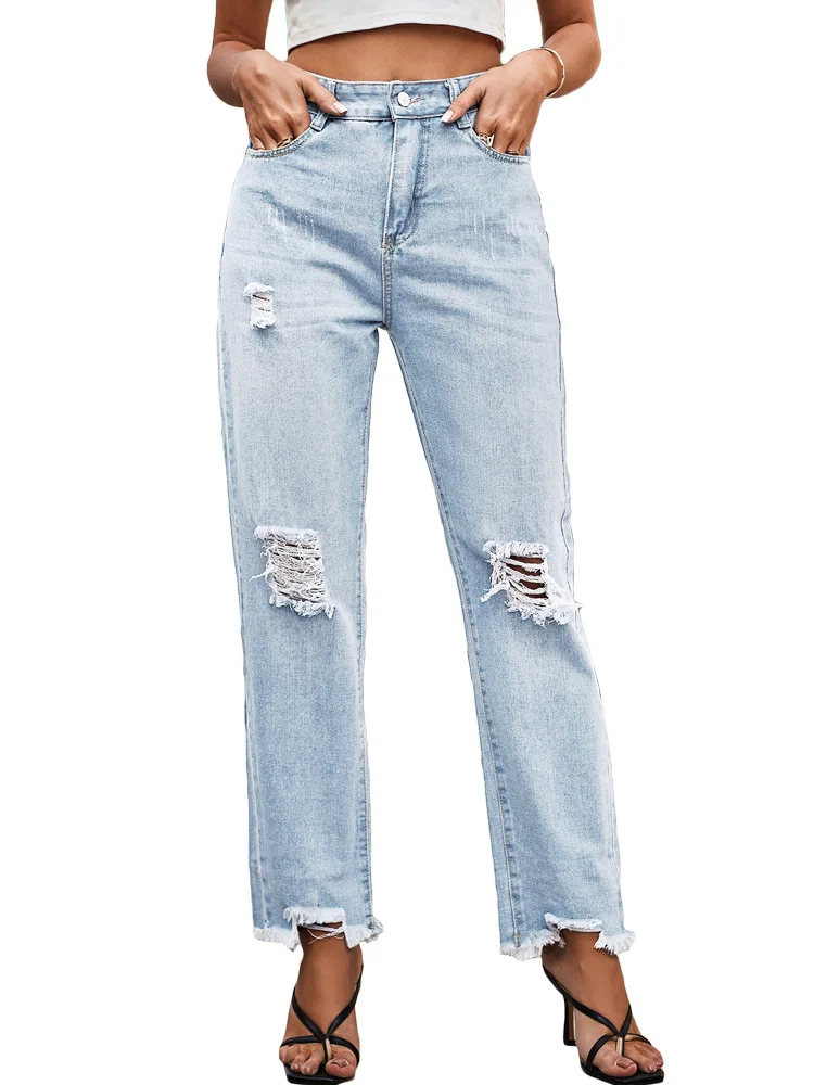 Benuynffy Women's Ripped Jeans New Summer Distressed Raw Hem Washed Boyfriend Jeans for Women Mid Waist Straight Leg Denim Pants 
Benuynffy Women's Ripped Jeans New Summer Distressed Raw Hem Washed Boyfriend Jeans for Women Mid Waist Straight Leg Denim Pants