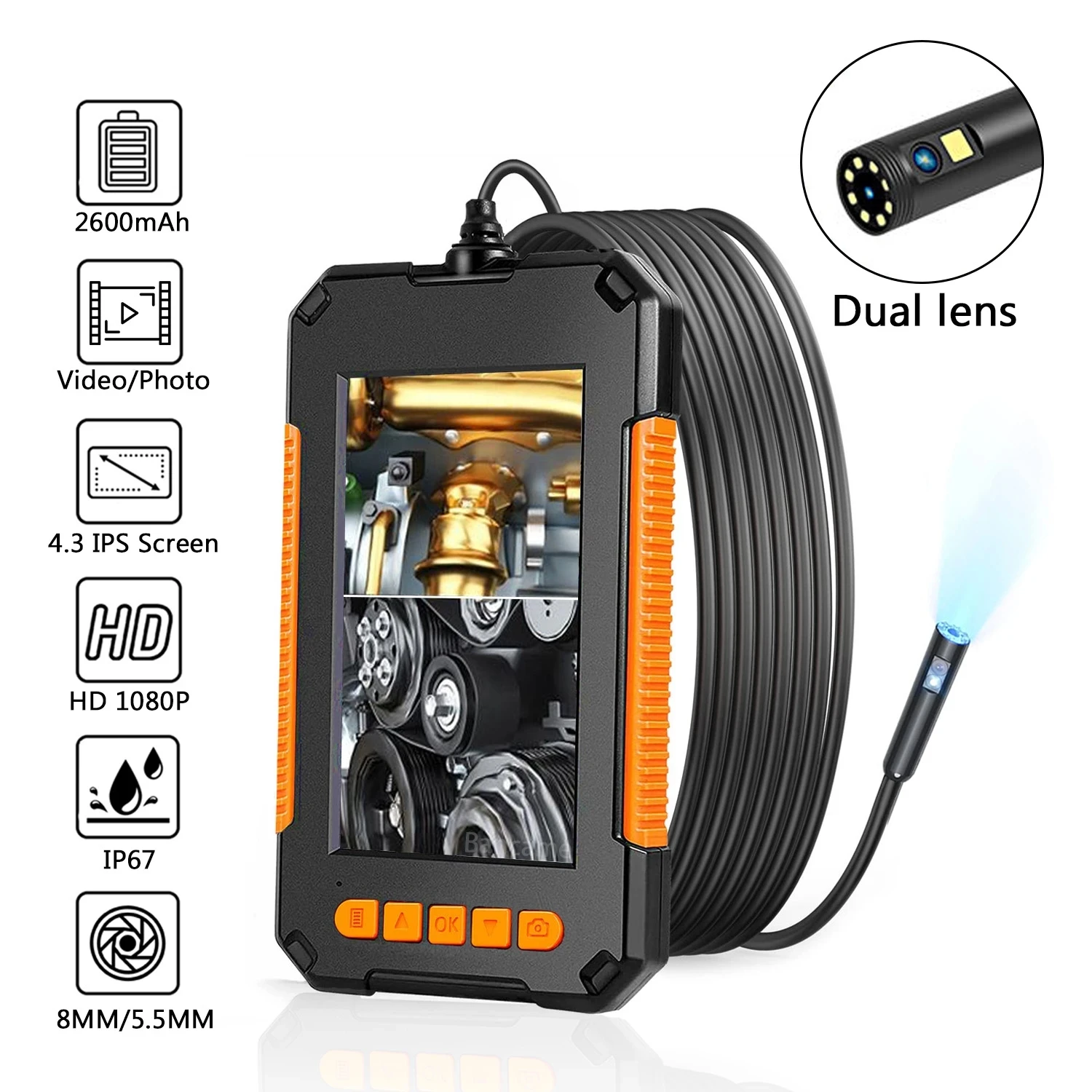 

4.3"IPS Screen Industrial Endoscope Camera IP67 8mm Single&Dual Borescope 8LED Lens HD1080P For Car Engine Sewer Pipe Inspection