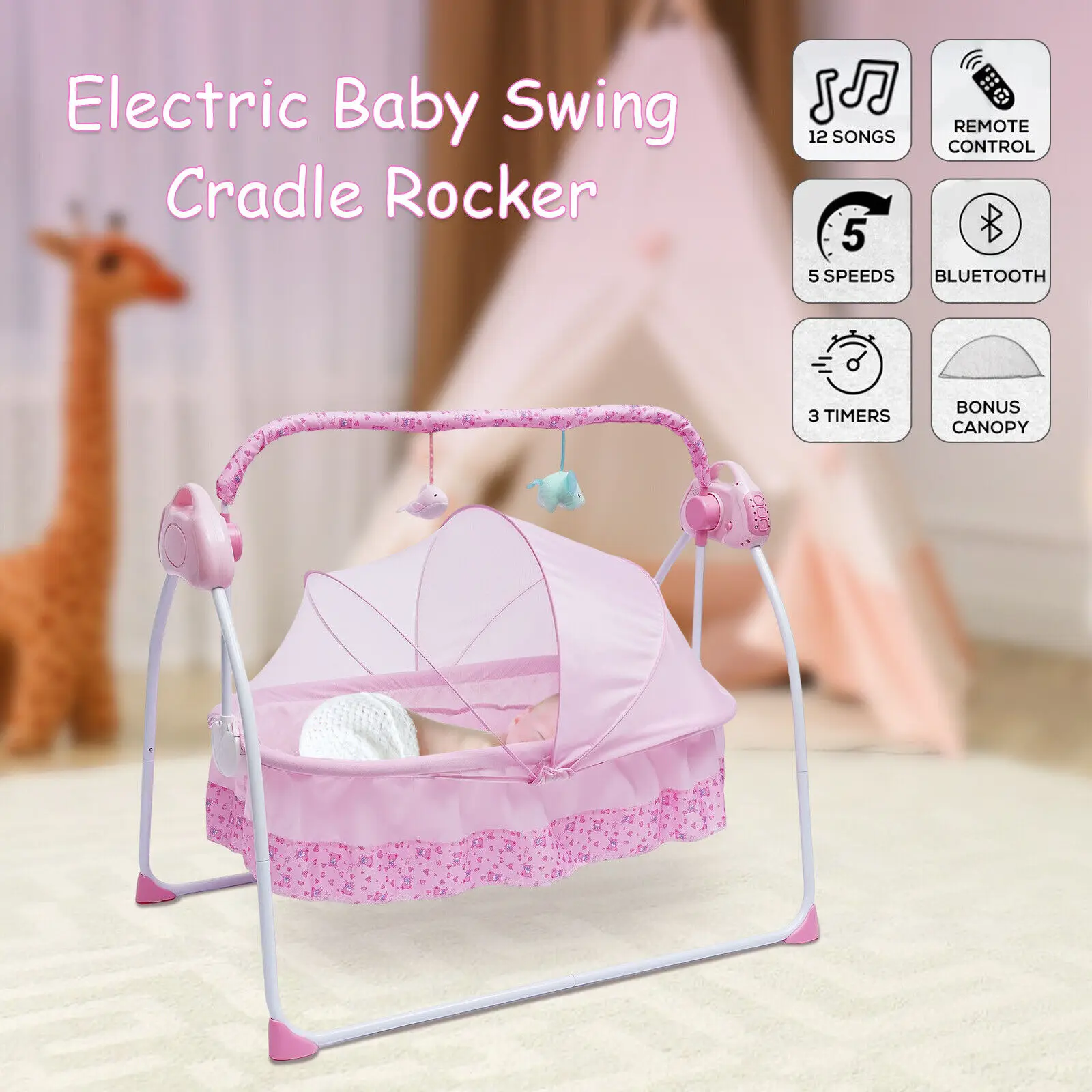 

Electric Baby Crib Cradle Infant Bed Sleeping Auto-Swing Rocking Chair Bassinet For Babies 0-18 Months Pink