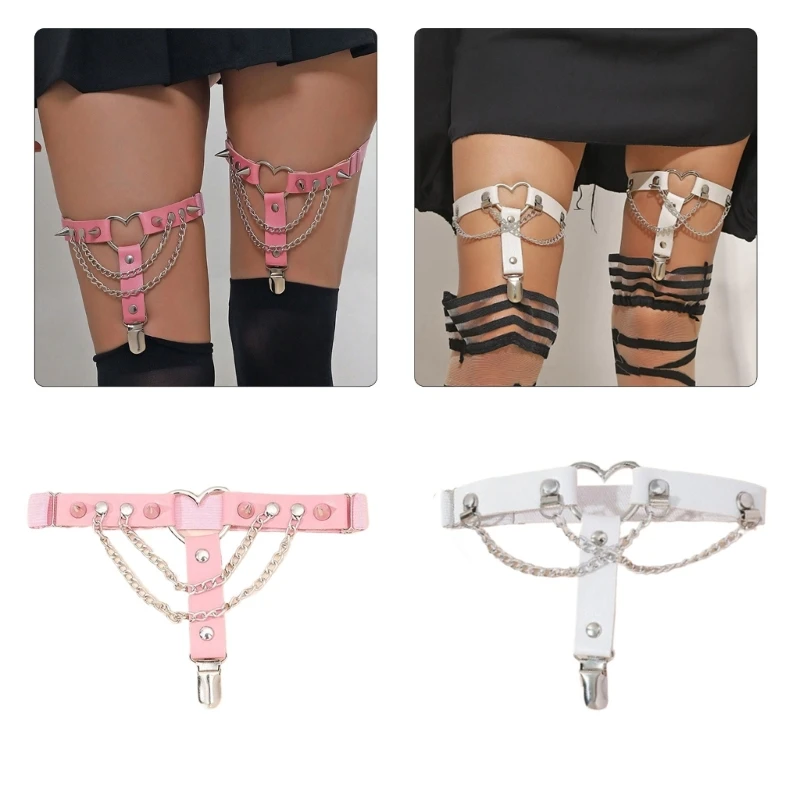 

2Pcs Women Gothic Punk PU Leather Heart Shape Leg Garter Belt with Clip and Metal Chain Elastic Rivets Studded Thigh Garter