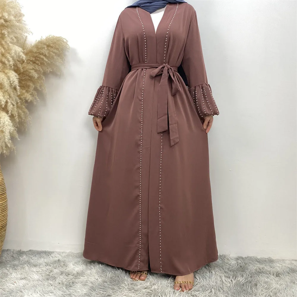 

Pearl Embellished Open Abaya with Pockets Belt Dropshipping Nida Kimono Islamic Clothing Wholesale Muslim Women Dress Cardigan