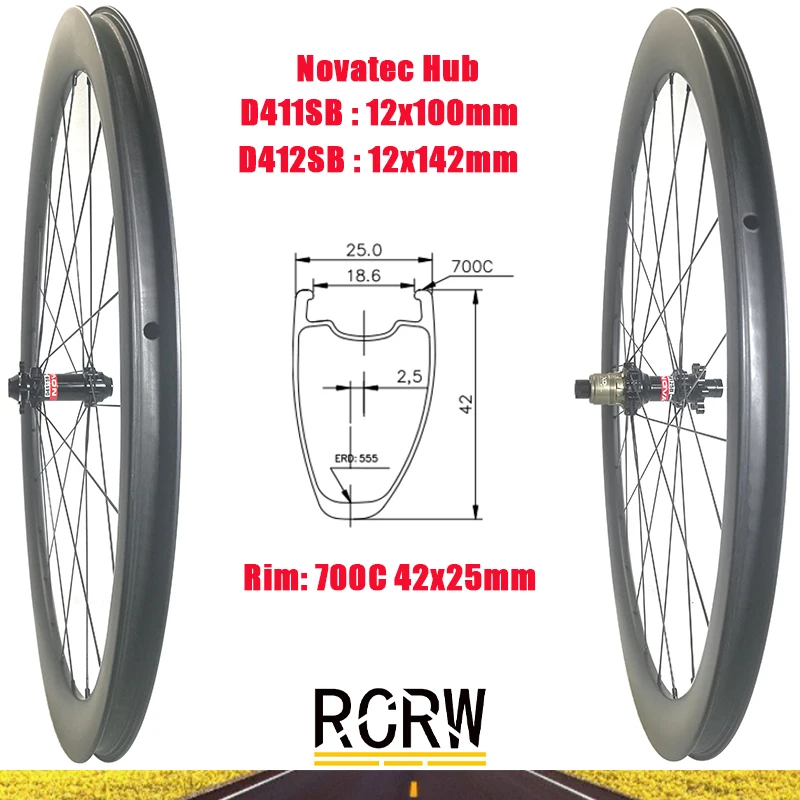 

700C Road 42x25mm Wheelset Carbon Rim 24Hole Asymmetric Tubeless Deep 42 Wide 25 Novatec D411SB D412SB 6 Bolts XDR Hub HG XD XX1