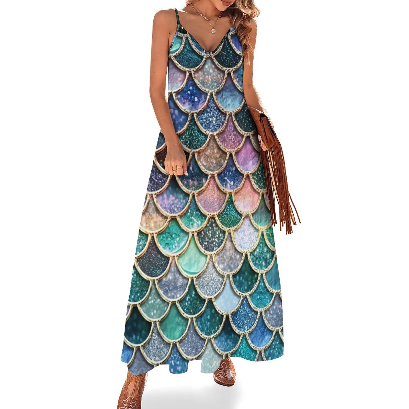 

Teal, Silver and Pink Sparkle Faux Glitter Mermaid Scales Sleeveless Dress Woman fashion wedding guest dress 2023