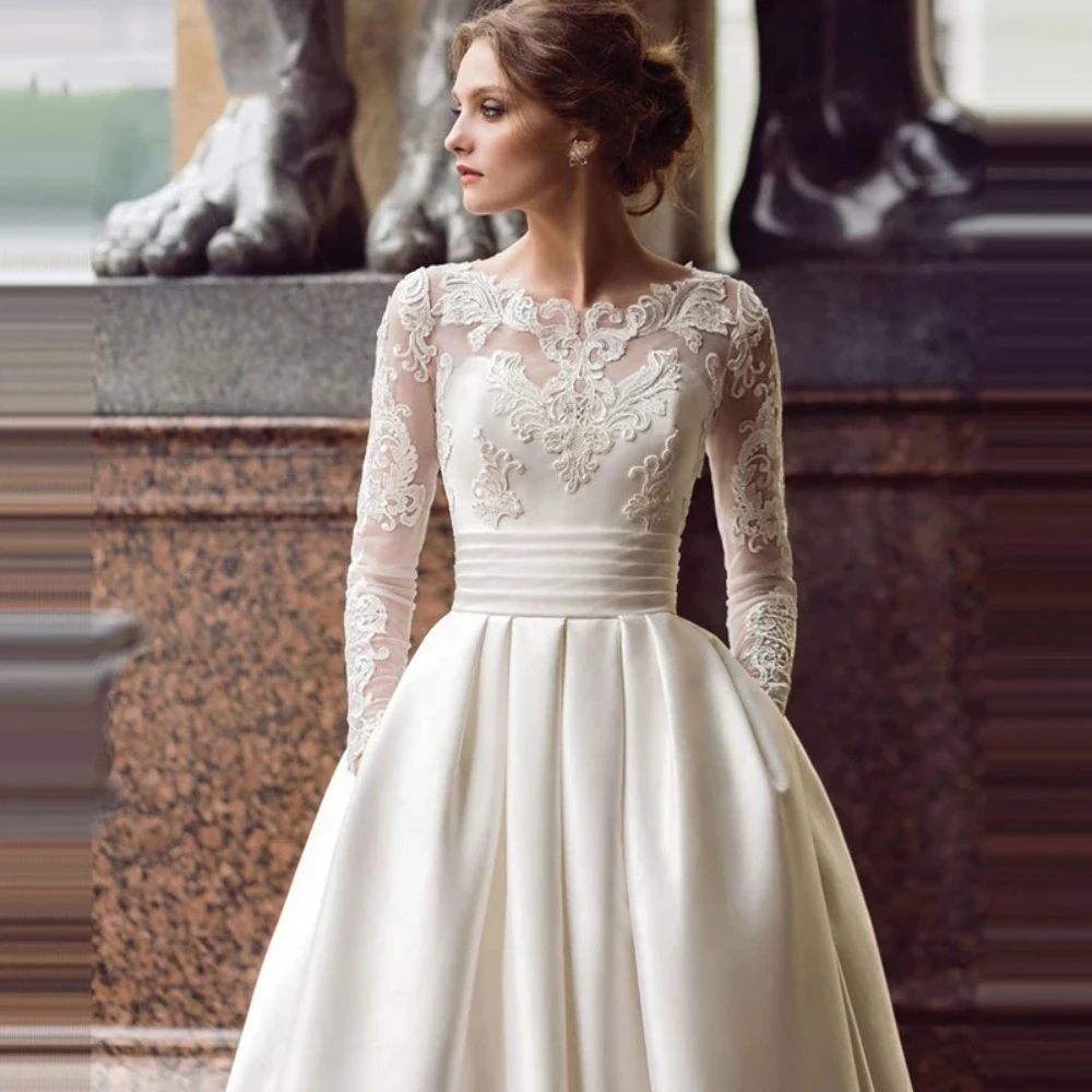 Luxury Wedding Dresses for Women Long Sleeves O-neck A-line Bridal Gowns Lace Satin Court Train Custom Made Vestidos De Novia
Luxury Wedding Dresses for Women Long Sleeves O-neck A-line Bridal Gowns Lace Satin Court Train Custom Made Vestidos De Novia