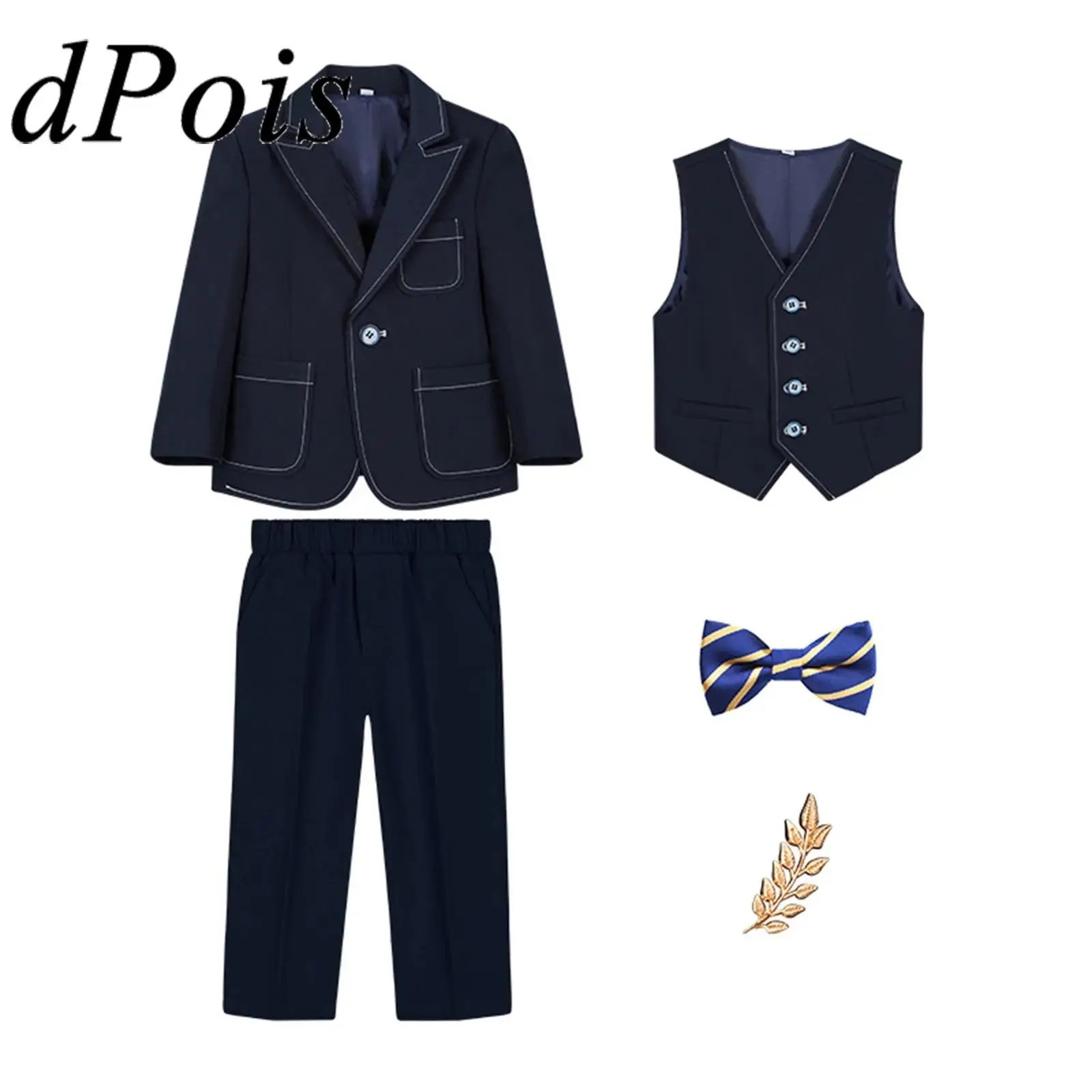 

Kids Boys Formal Suit Christening Gown School Uniforms Clothes Sets for Wedding Banquet Birthday Party 5pcs Gentleman Costumes