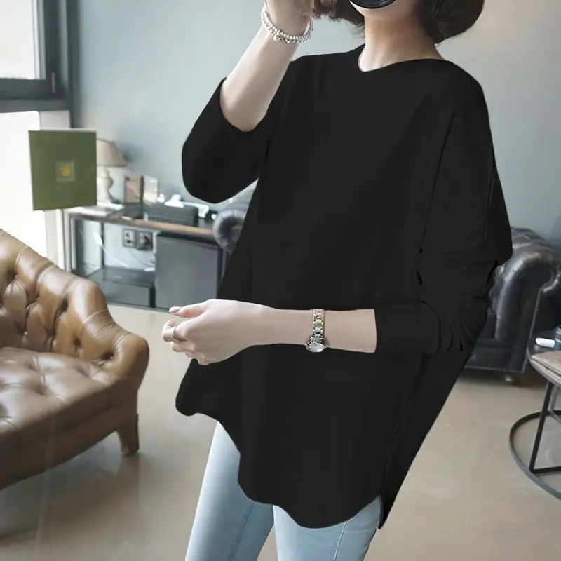 

2022Autumn Winter Solid Color Round Neck T-shirt Women Medium Long Term Splicing Long Sleeve Loose Versatile Upper Outer Garment