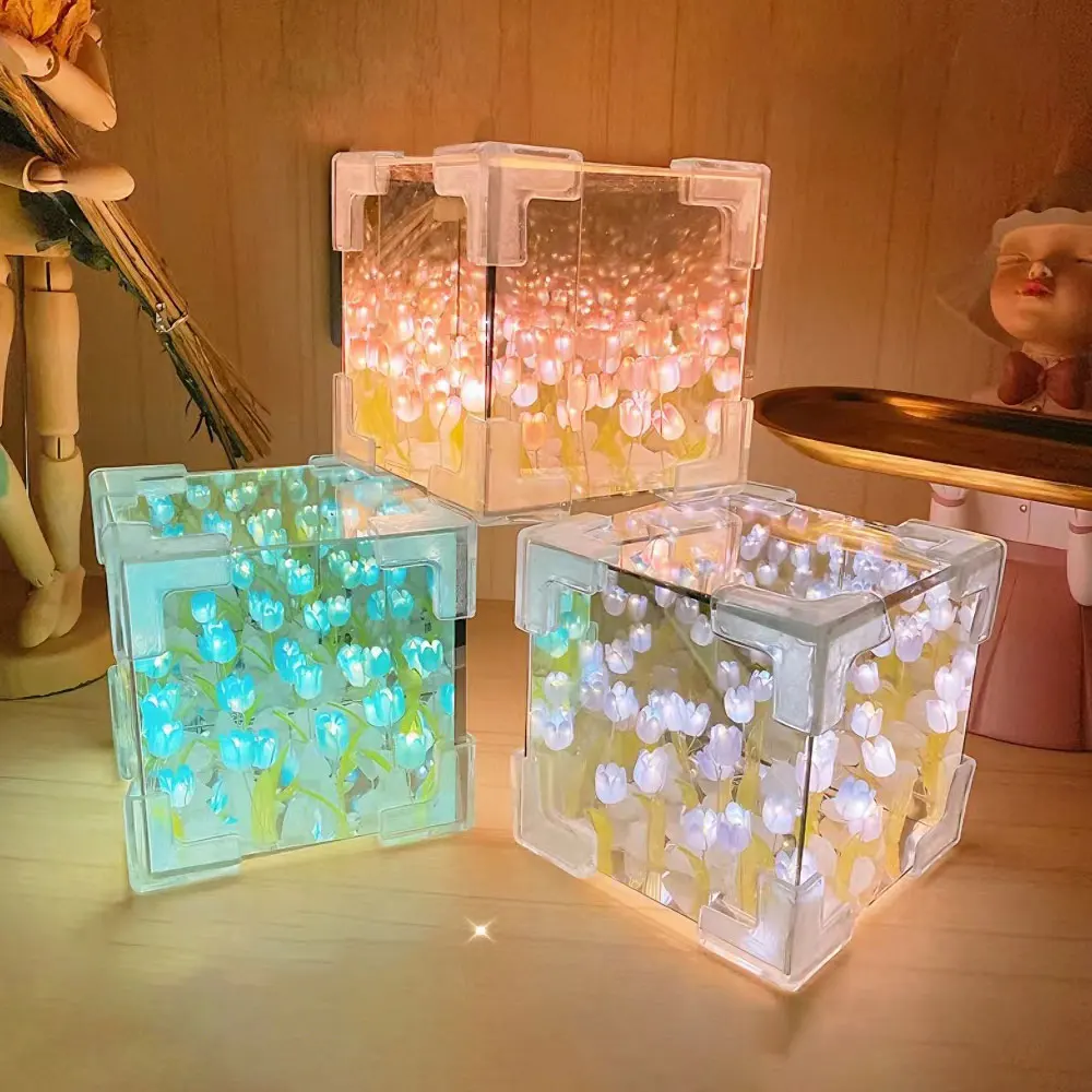 

DIY Flower Sea 3D Cloud 20pc Tulip LED Night Light Mirror Table Lamps Bedroom Ornament Decoration Mirror Table Lamp Bedside Gift