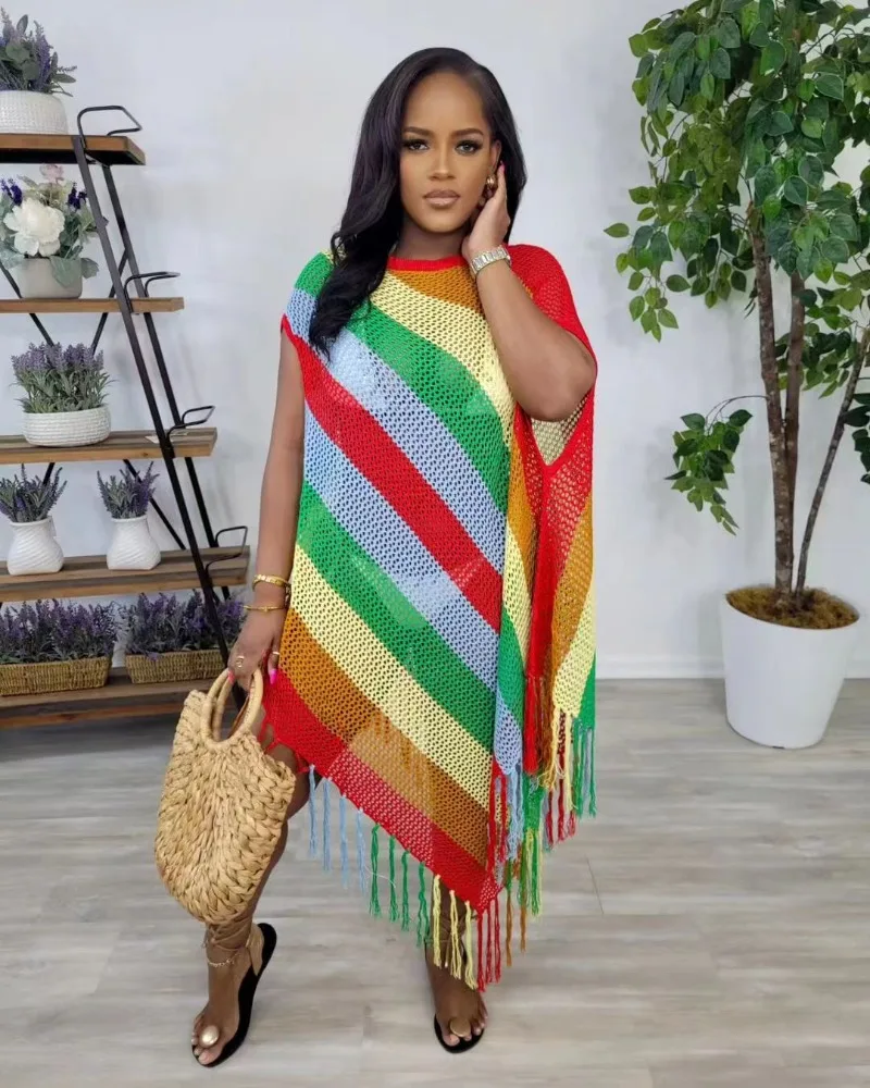 

WUHE Rainbow Crochet Knit Fringe Shawl Scarf Midi Dress New Fashion Hollow Out Striped Beach Cover-Up Dress Vacation Outfits