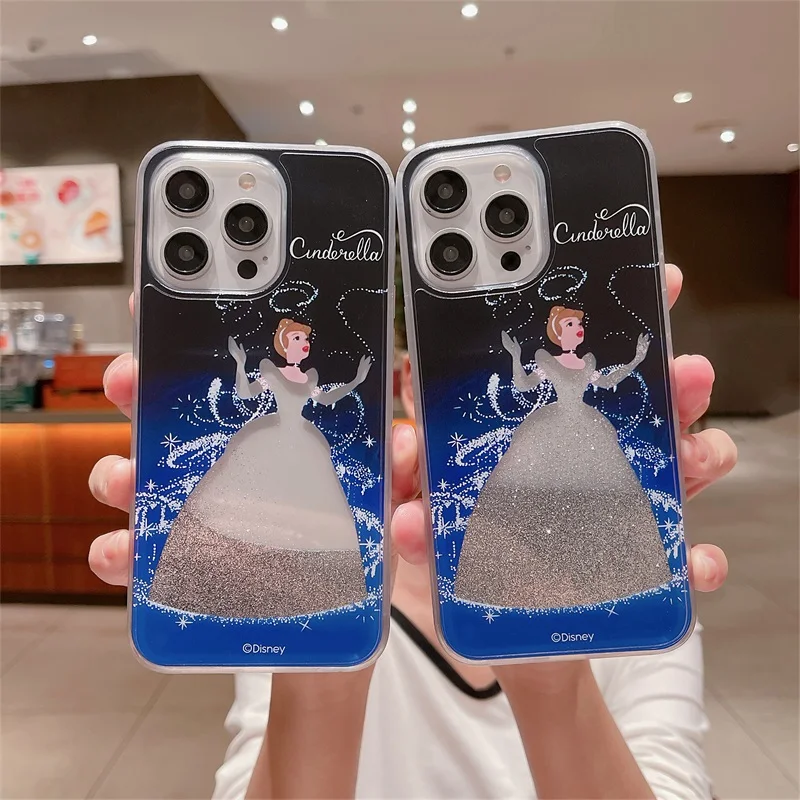 

Luxury Disney Cinderella Girl Liquid Quicksand Phone Case For iPhone 11 12 13 14 15 Pro Max X XS XR Cartoon Shockproof Cover