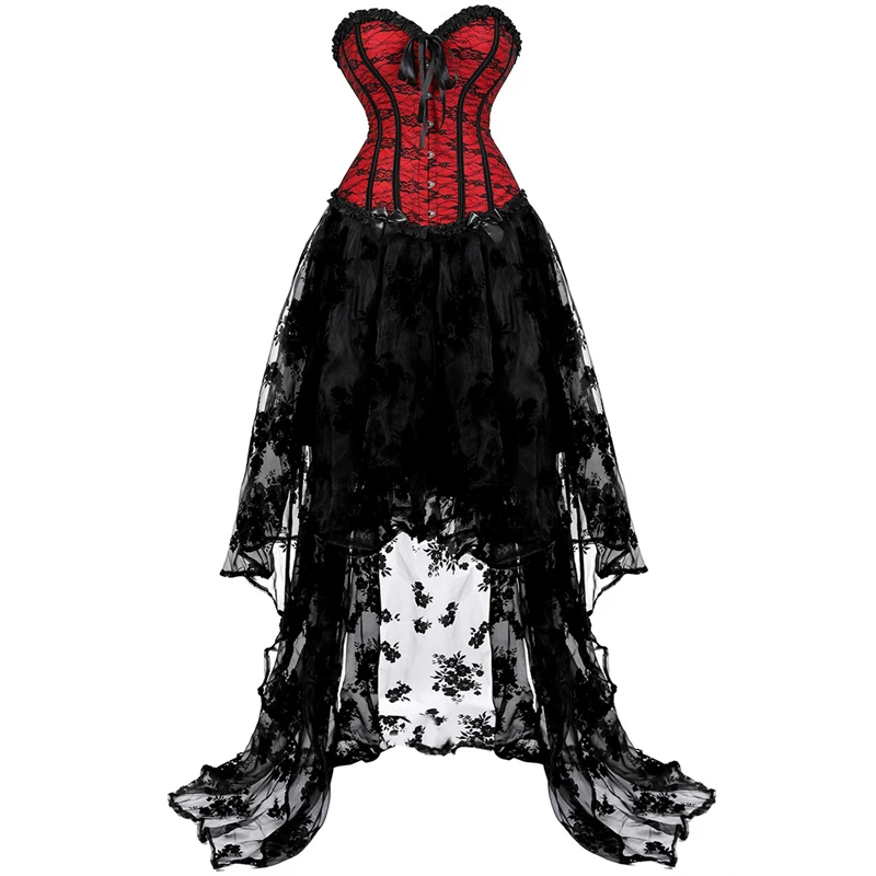 

Corset Dress For Women High and Low Skirt Tulle Long Lace Corselet Overbust Bustier Gothic Korsett Sexy Victorian Plus Size Red