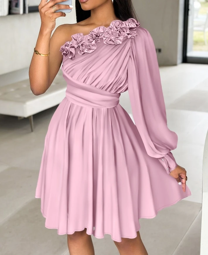 

Dresses for Women 2024 New Elegant Women's Floral Pattern One Shoulder Ruched Casual Dress Lantern Sleeve A-Line Frill Hem Dress