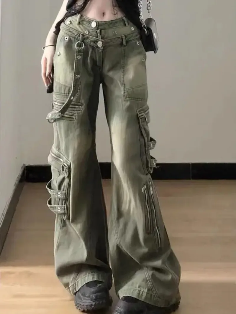 

Oversize Loose Retro Y2k Washed Jeans Women Zipper Baggy Pants Hiphop Straight Pants Multi-pocket Wide Leg Jeans Streetwear