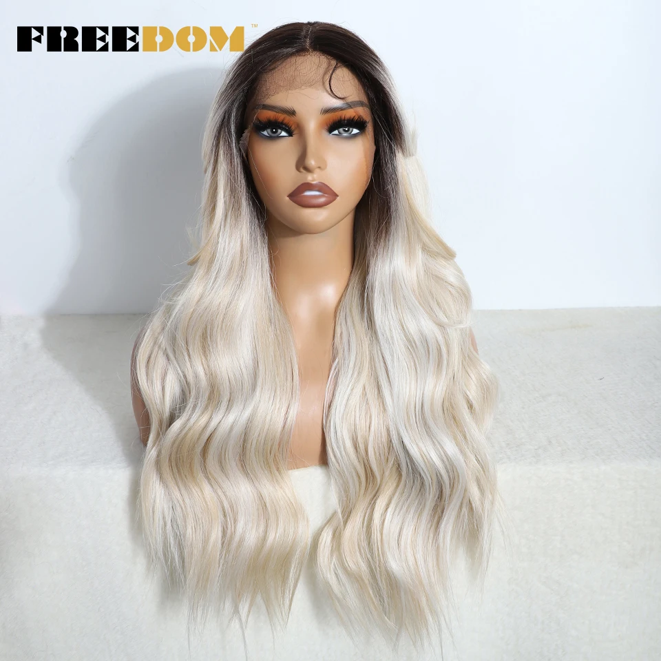 

FREEDOM Long Wavy Synthetic Lace Front Wigs For Women 26" Middle Part Lace Wig Easy Wear Ombre Brown Blonde White Cosplay Wig