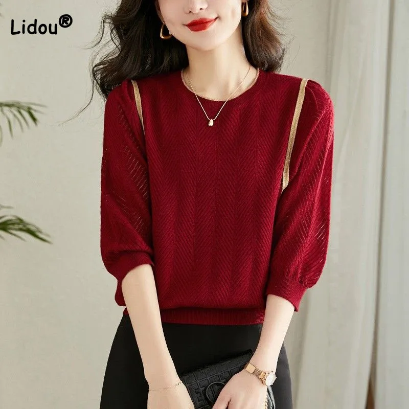 Summer Elegant Simplicity 3/4 Sleeve Hollow Out Tops Women's Clothing Solid Color Round Neck Fashion Knit T-shirt for Female
Summer Elegant Simplicity 3/4 Sleeve Hollow Out Tops Women's Clothing Solid Color Round Neck Fashion Knit T-shirt for Female