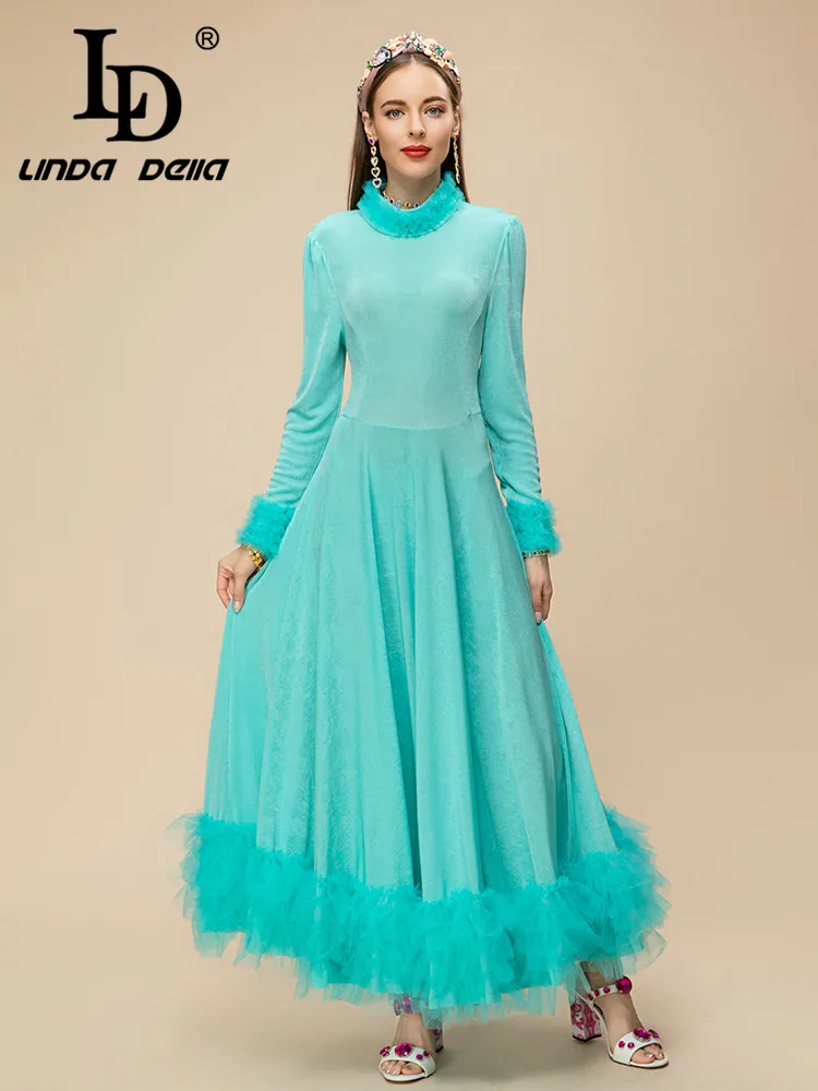 

LD LINDA DELLA 2023 New Style Fashion Designer Dress Women Long Sleeve High Waist Splice Crumple Lace Fur Collar Slim Fit Dress