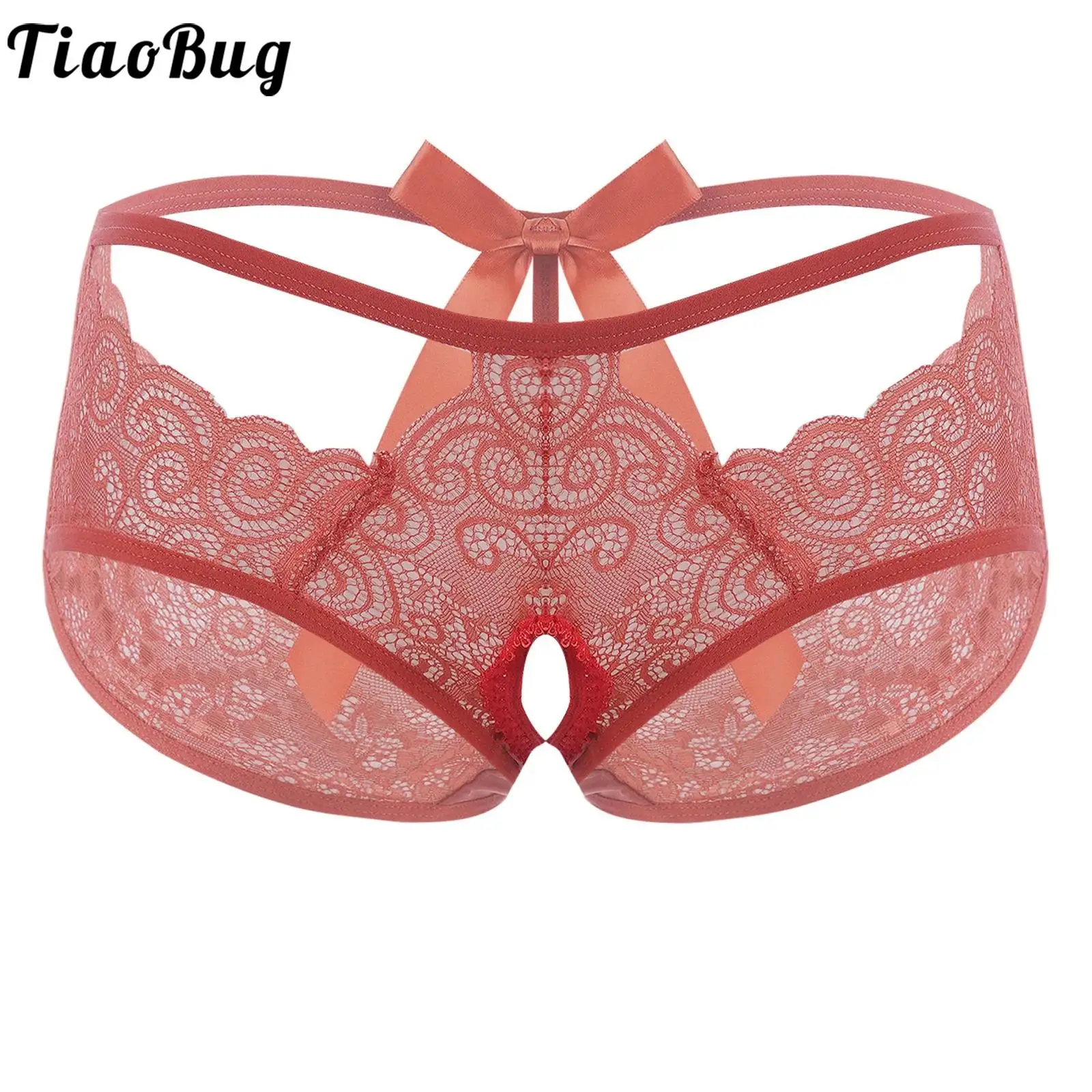 

Mens Hollow Out Lace Bowknot Sissy Panties Low Rise Open Crotch See-Through Crossdresser Transvestite Thongs Underwear