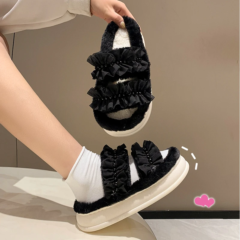 

Med Shoes Plush Slippers For Adults Slides Fashion Flock Platform Slipers Women Winter Footwear Fur Luxury 2022 Flat Rome with