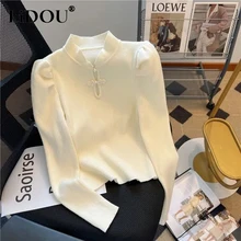 2023 Autumn Winter New Solid Color Fashion Stand Collar Pullovers Women High Street Slim Screw Thread Hollow Out All-match Tops