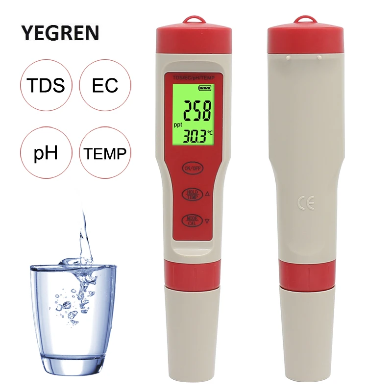 

Портативный PH-метр, цифровой тестер воды, PH/TDS/EC/TEMP, 4 в 1, монитор качества воды и чистоты, тестер температуры, ручка, дисплей с подсветкой