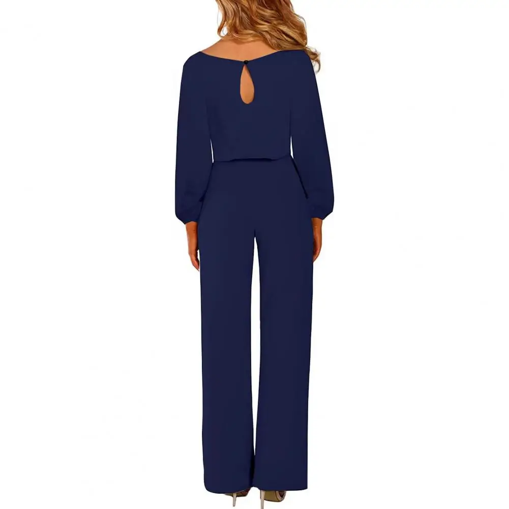 

Round Neck Jumpsuit Elegant Lace-up Belted Women's Spring Jumpsuit with Wide Leg Long Sleeve Stylish Ol Commute Style for Tight