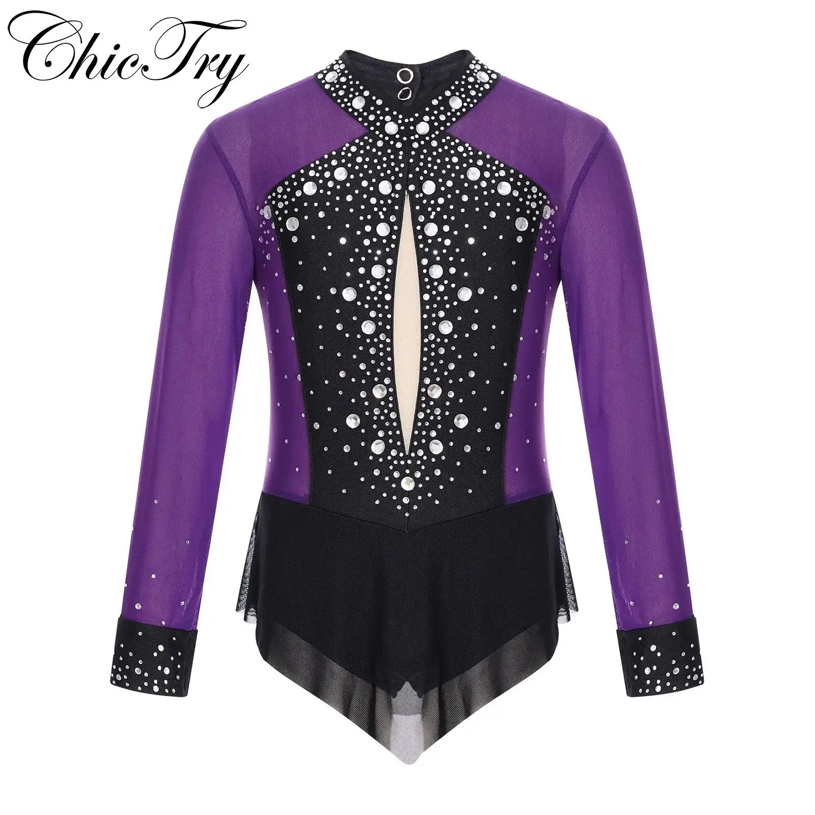 

Kids Girls Ballet Gymnastics Leotard Rhinestones Bodysuit Sheer Mesh Skirted Unitard for Dance Figure Skating Rhythmic Dance