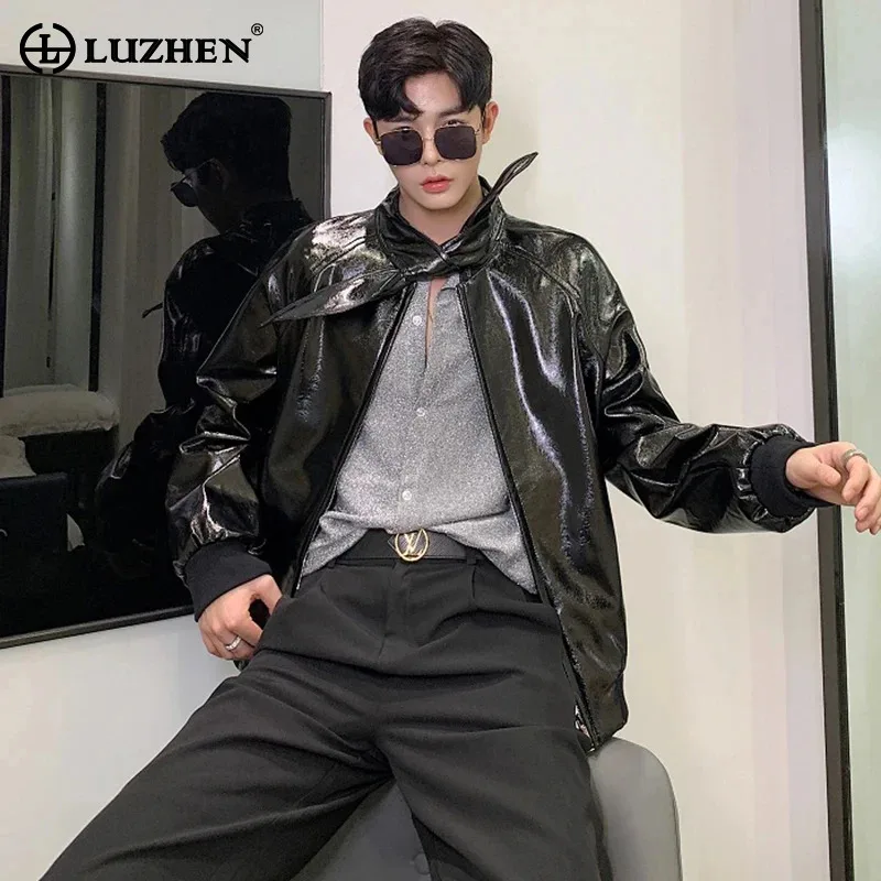 

LUZHEN 2024 Spring New Trendy Leather PU Jacket Men Personality Bow Neck Korean Reviews Many Clothes Fashion Street Coat LZ2889