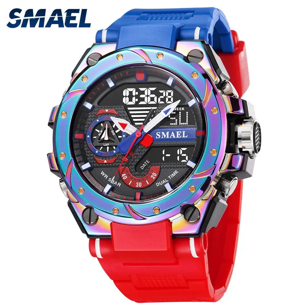 

Quartz Watch For Men SMAEL Wristwatches Watcholorful Red Bracelet 50M Waterproof Alarm Clock Analog Digitals 8060 Sport Watches