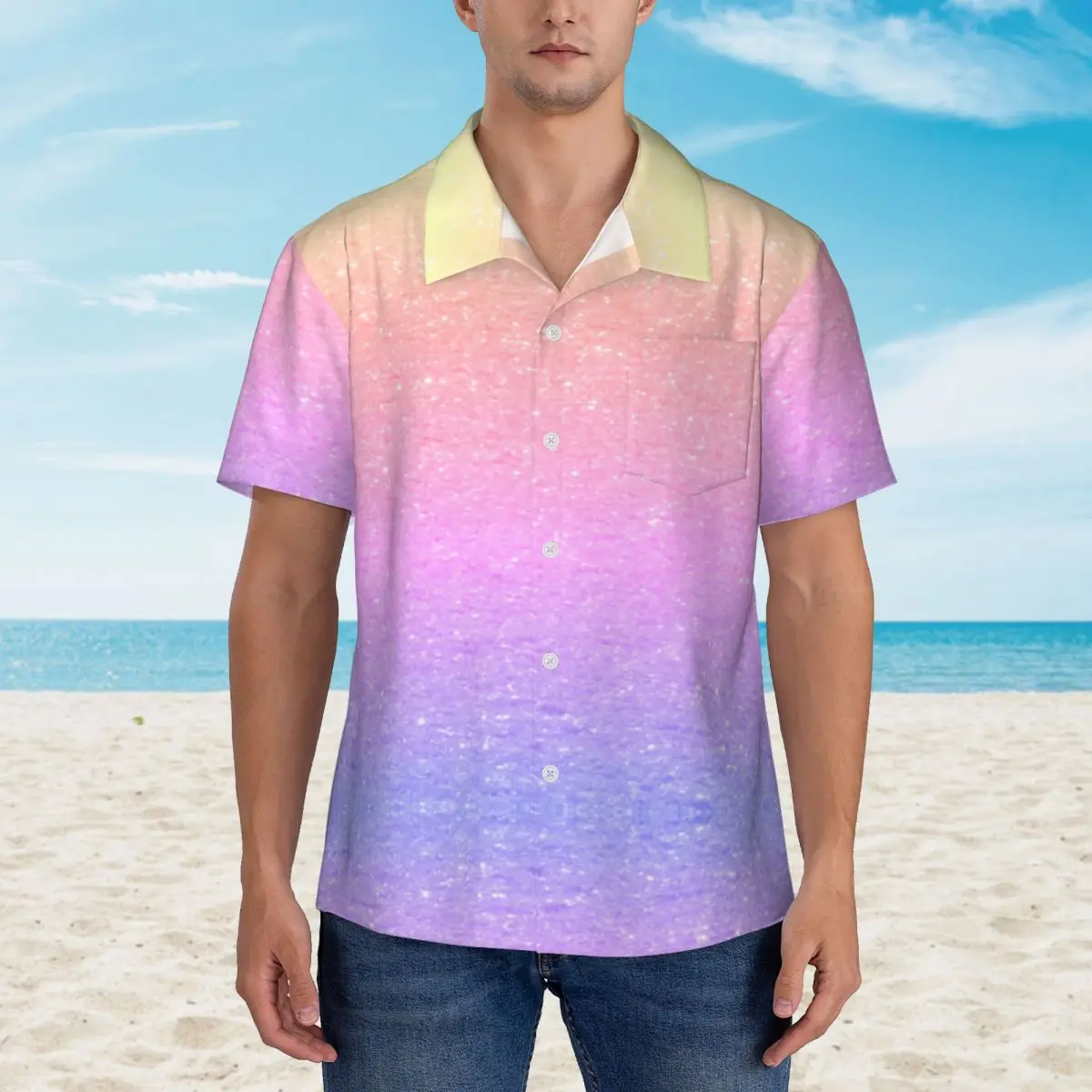 

Ombre Glitter Print Vacation Shirt Elegant Hawaiian Casual Shirts Man Retro Blouses Short Sleeve Street Style Custom Clothes
