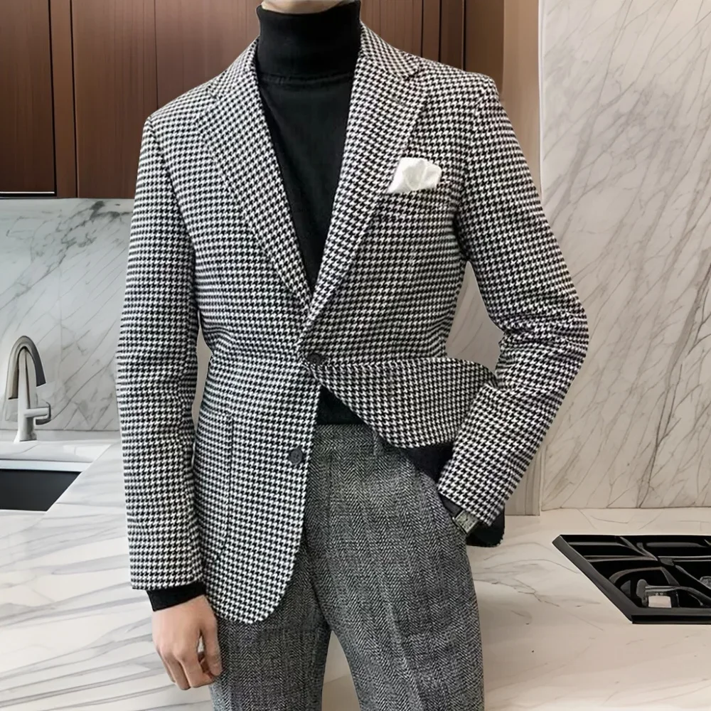 

Plaid Men Blazer Slim Fit Houndstooth Male Suit Jacket Only 1 Pc Fashion Wedding Groom Coat Size XS-5XL Ready To Ship 2024