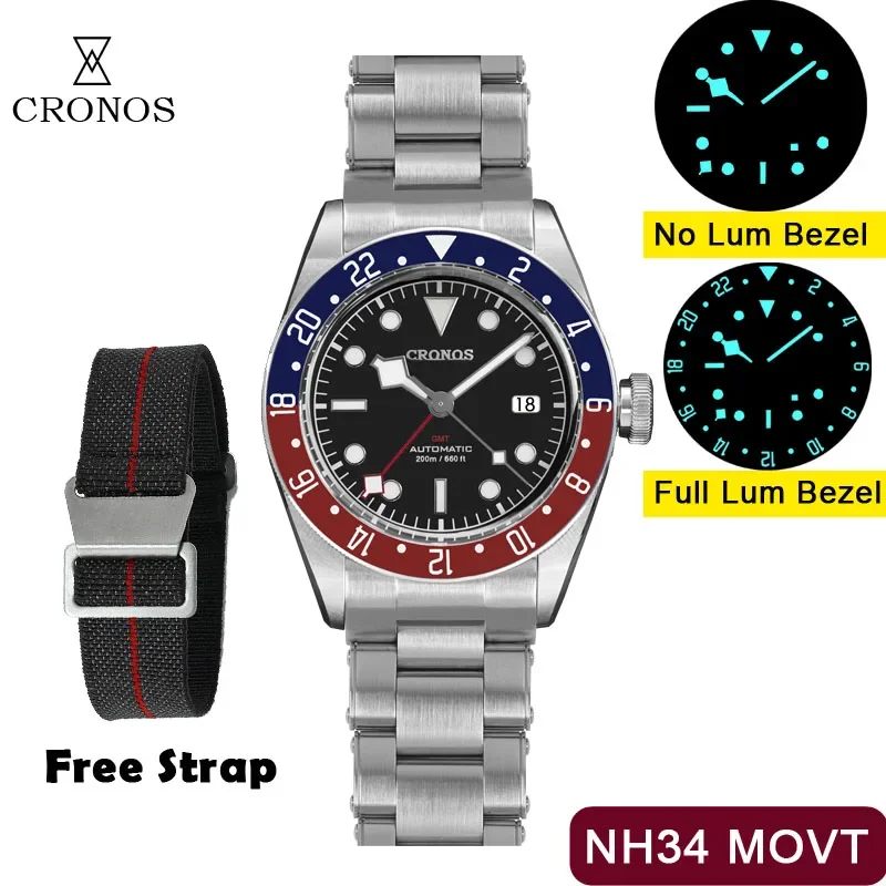 

Cronos L6021 GMT Watch 41mm NH34 Automatic Ceramic Bezel Wristwatch Sapphire Crystal 200m Waterproof Stainless Steel Retro Watch