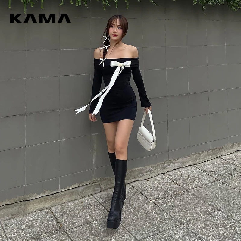

KAMA 2024 Black One Shoulder Backless Long Sleeve Slim Fit Bow Embellished Package Hip Dress Hottie Sweety Girls Autumn Wearing