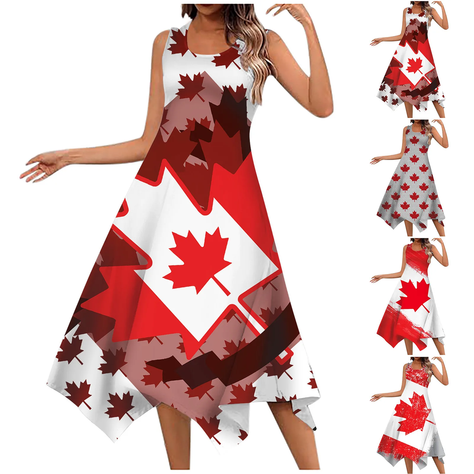 

Women's Fashion Summer Dress Canada Independence Day Print Dresses Irregular Hem Round Neck Sleeveless Side Casual Sundress 2024