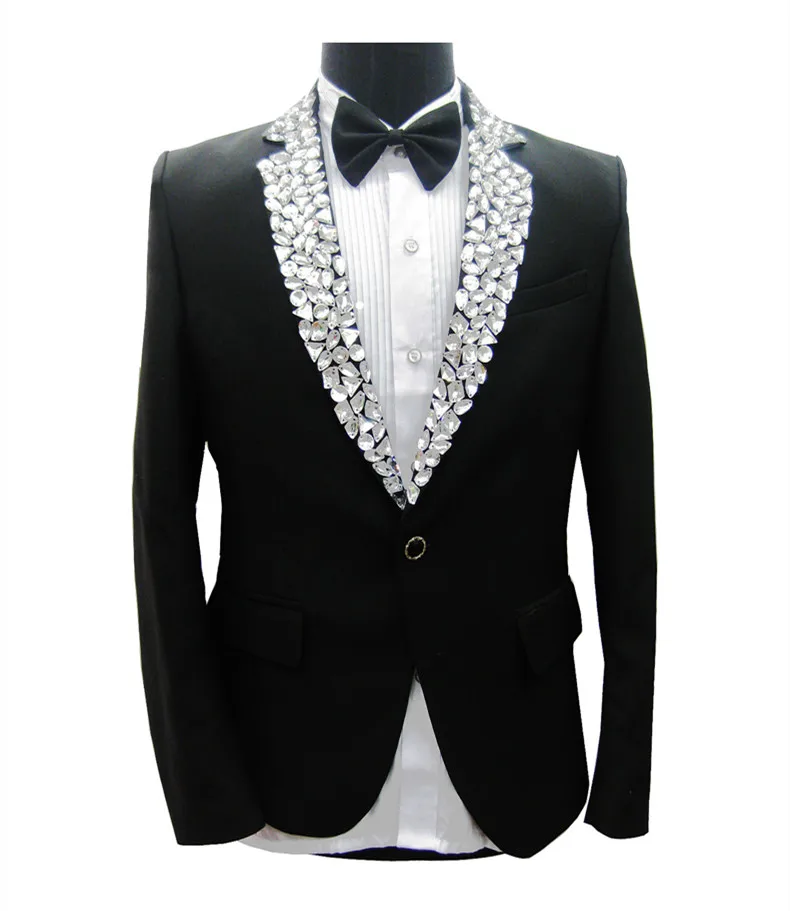 

Wedding Suit Jackets Formal Rhinestones Black Blazers Men's Singer Host Stage Performance Slim Coat Costume Party Groom