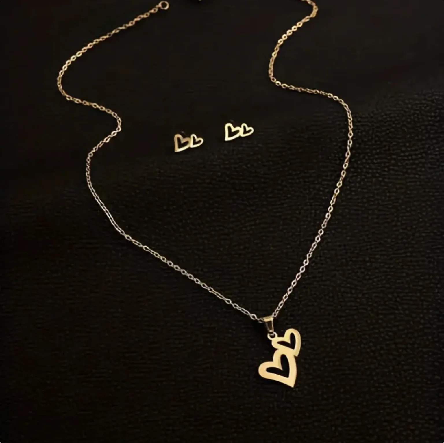 

Ожерелье и серьги-гвоздики из нержавеющей стали с двойным сердцем, ювелирные изделия золотого цвета в романтическом стиле, подарок на День святого Валентина для женщин