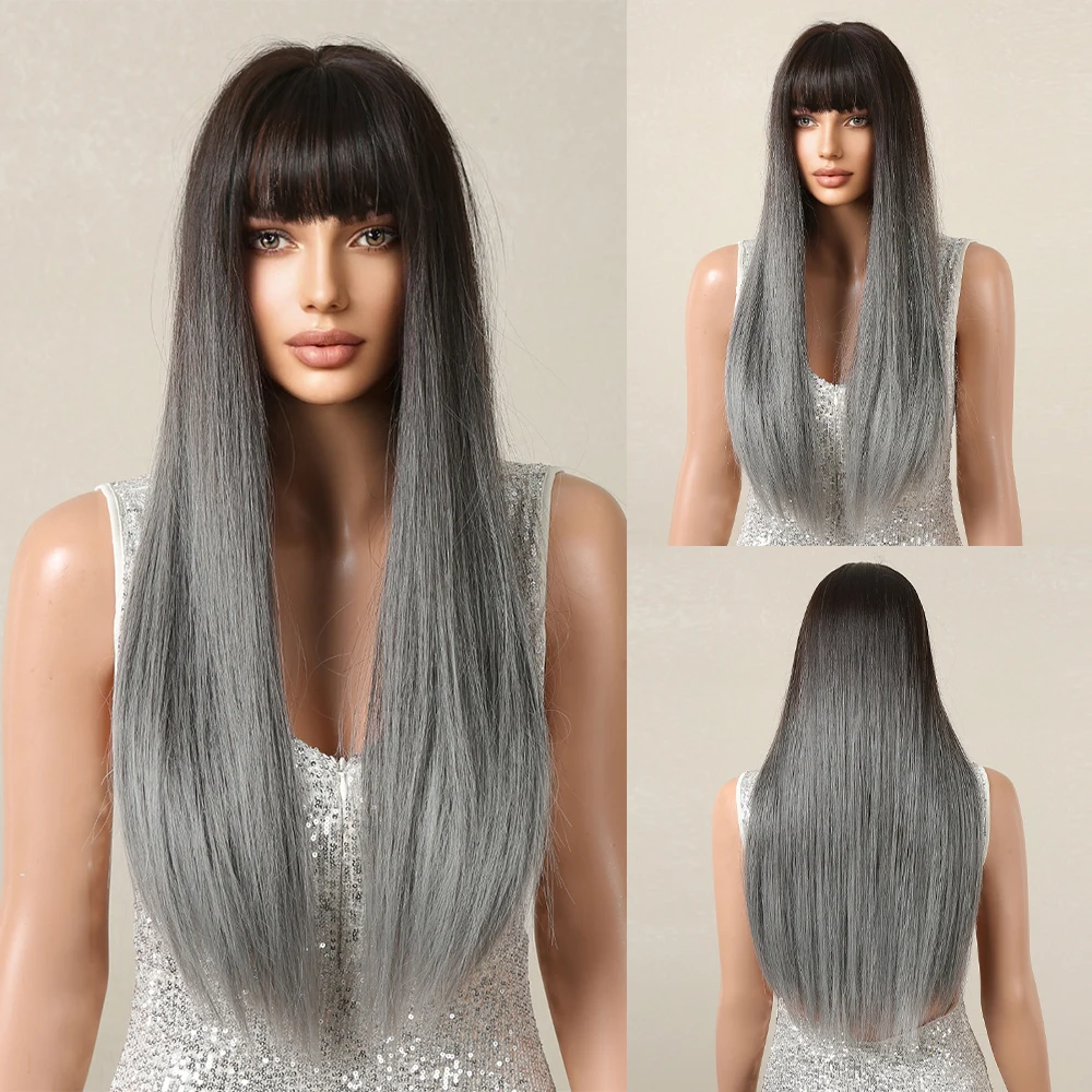 

HENRY MARGU Long Straight Synthetic Wig Ombre Dark Blue Gray Ash Hair Wigs with Bangs for Black Women Daily Party Heat Resistant