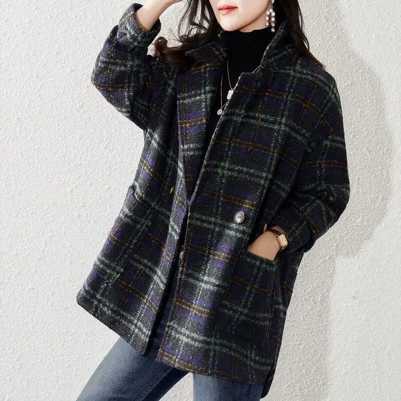 

Over Blazer Woman Jacket Dress Clothes Colorblock Long Tweed Loose Coats for Women Outerwears Plaid Check Wool & Blend American