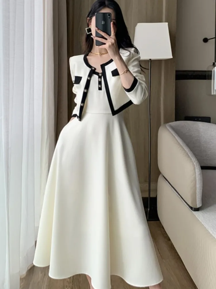 

Элегантный комплект из двух предметов для леди, Укороченное пальто, трапециевидные платья средней длины, тонкие корейские модные женские костюмы, весна-осень, новинка
