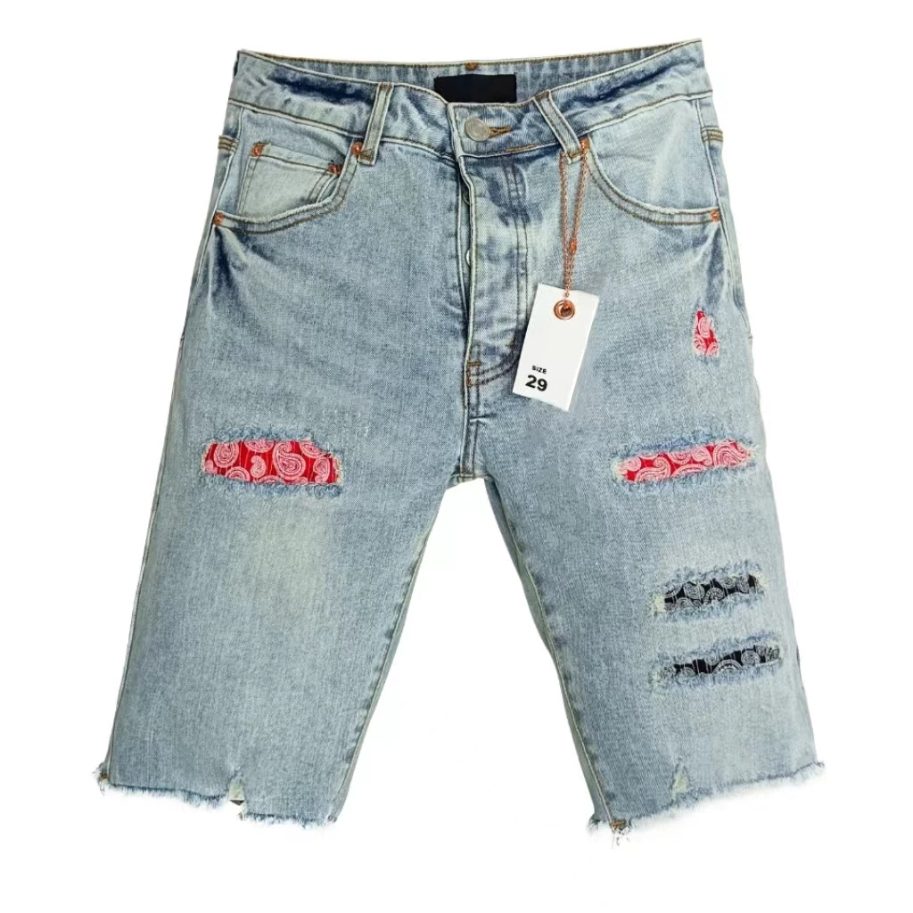 

Summer Hole Washing Cashew Flower Patch Denim Shorts Men