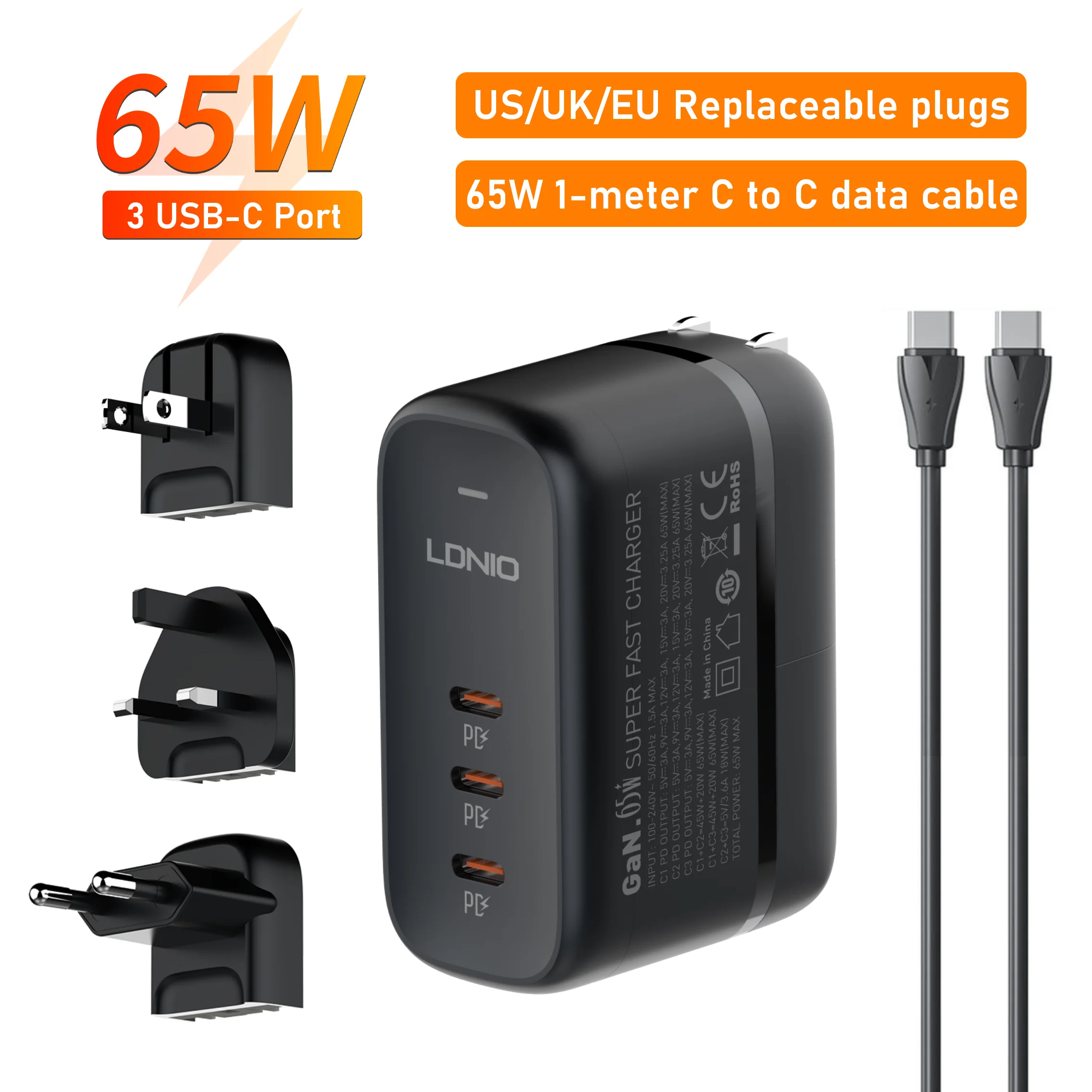 

LDNIO 65W USB C Power Charger 3 Port GaN PPS Wall Charger Fast Compact Foldable with US/UK/EU Plugs for Travel，for MacBook Pro