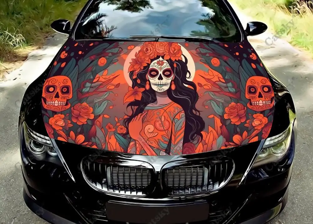 

Мексиканский сахарный череп Девушка капот автомобиля виниловые наклейки оберточная виниловая пленка наклейки на крышку двигателя автомобильные аксессуары