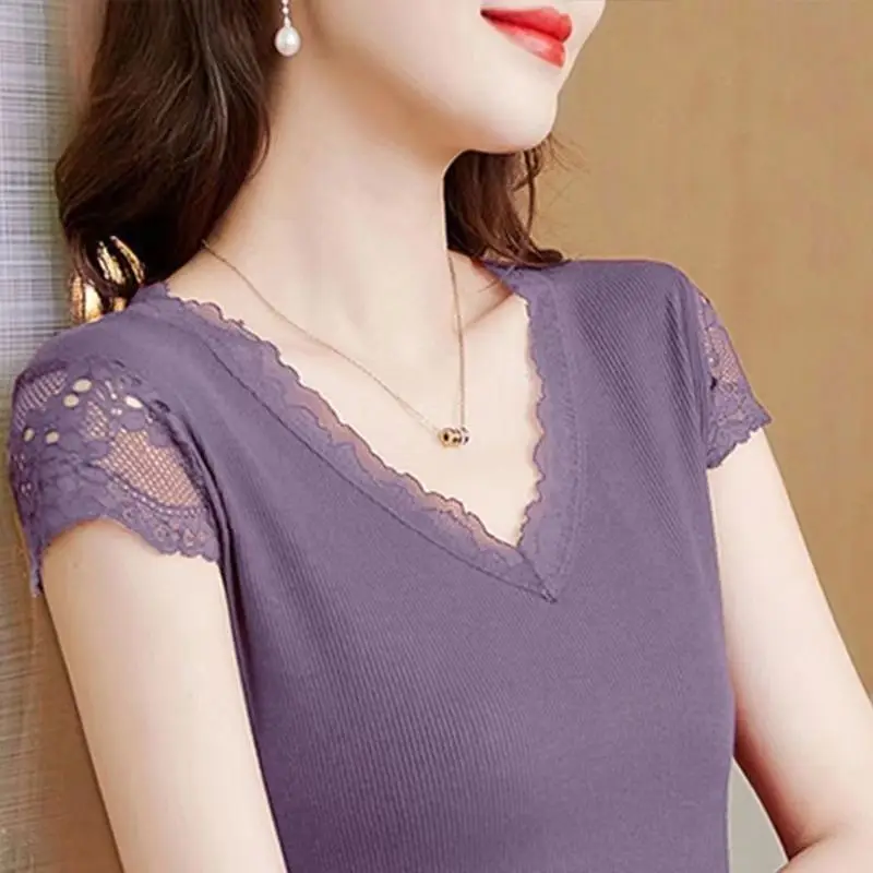 

Women Summer Casual Ice shreds Appear thin Solid color Lace V-neck short sleeve T-Shirt women clothes Simplicity All-match tops