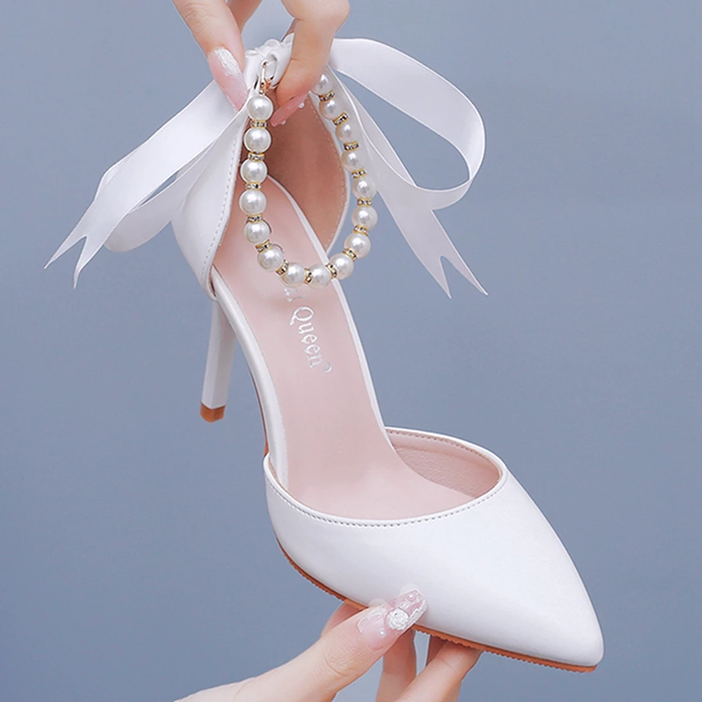 

Crystal Queen Women Sandals High Heels Summer Pumps Female Stiletto Party Pointed Toe White Beading Dress Shoes
