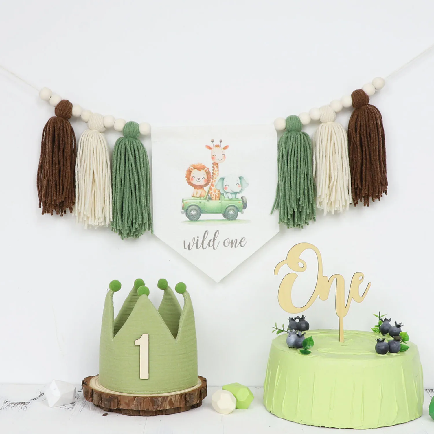 Green Lion 1st Birthday Banner - Wood Bead Tassel High Chair Decor 4 S82630f2143be4ab1aefa9f66336d4187X