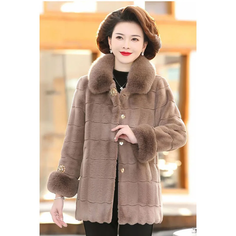 

Middle-Aged And Elderly Fur Coat Female Winter Mother Long Thick Imitation Mink Velvet Rex Rabbit Fur High-End For The Elderly