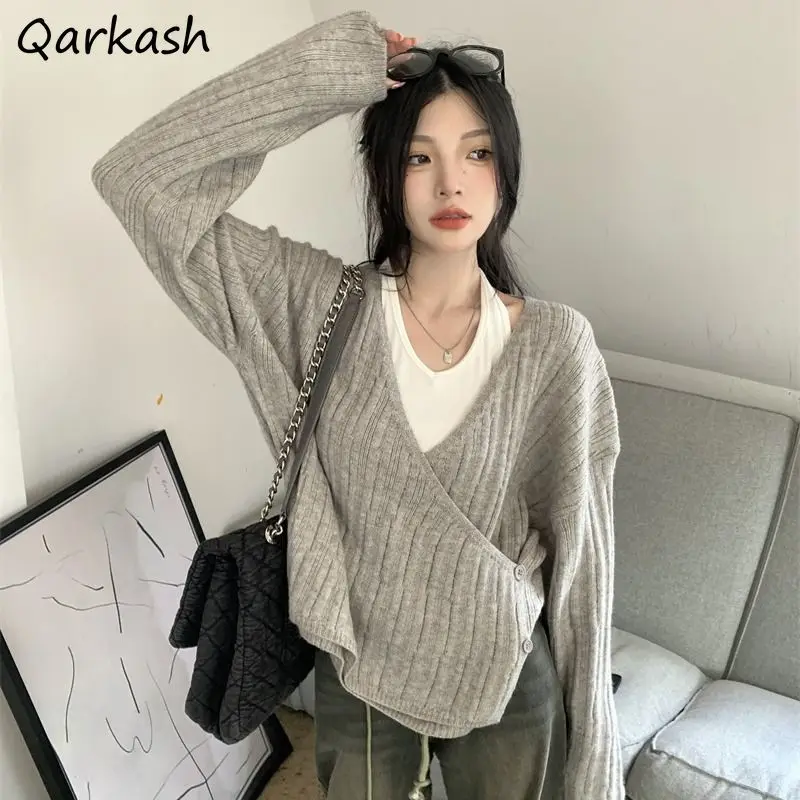 

V-neck Irregular Baggy Pullovers Women Designer Chic Y2k Pure Girlish Young Simple Students Vibe Sweet Knitting Autumn Sweaters