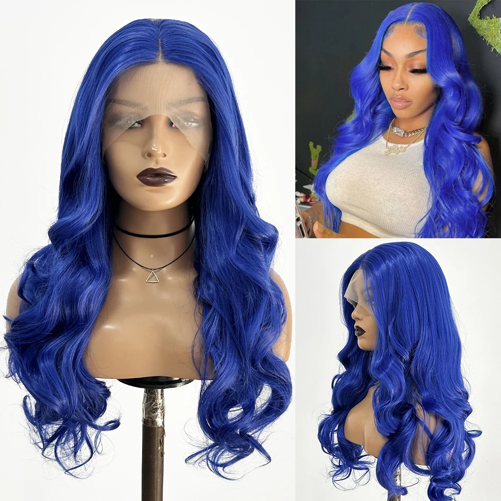 

AIMEYA Blue Synthetic Lace Front Wig Long Loose Wave Wigs Glueless Lace Frontal Wigs For Women Cosplay Party Wig Heat Resistant