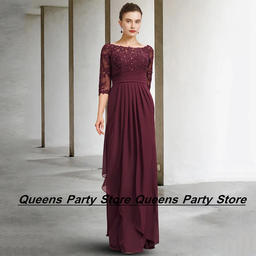 

Weilinsha Burgundy Chiffon Mother of The Bride Dress Scoop Neck 3/4 Sleeve Beads Sequin Applique Floor Length Wedding Guest Gown