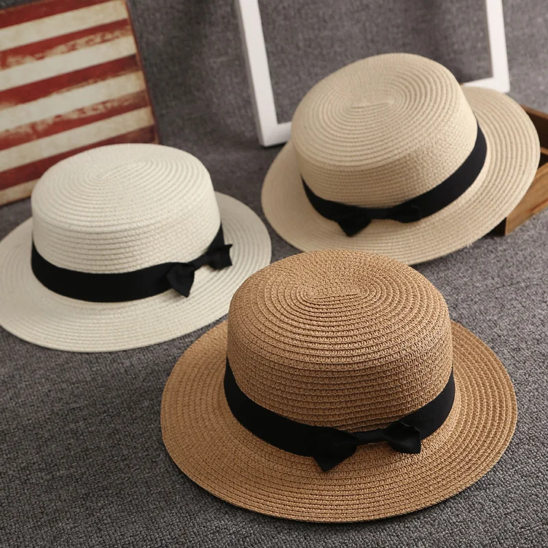 

Korean version of straw hat women's summer British retro flat top small fresh hat sun shade beach hat travel sun hat