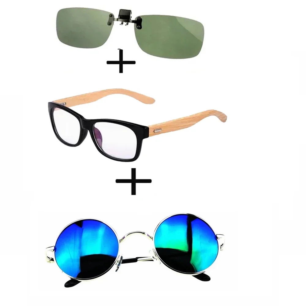 

3Pcs!!! Comfortable Wooden Squared Frame Reading Glasses for Men Women + Alloy Polarized Sunglasses Round + Sunglasses Clip