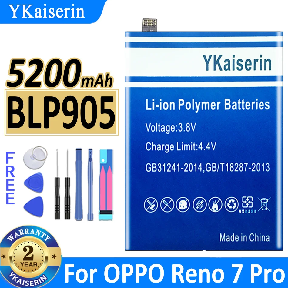 

Сменный аккумулятор ykaisсеребрин BLP905 на 5200 мАч для OPPO Reno 7 Pro 7pro, аккумулятор для мобильного телефона, гарантия 2 года + код отслеживания